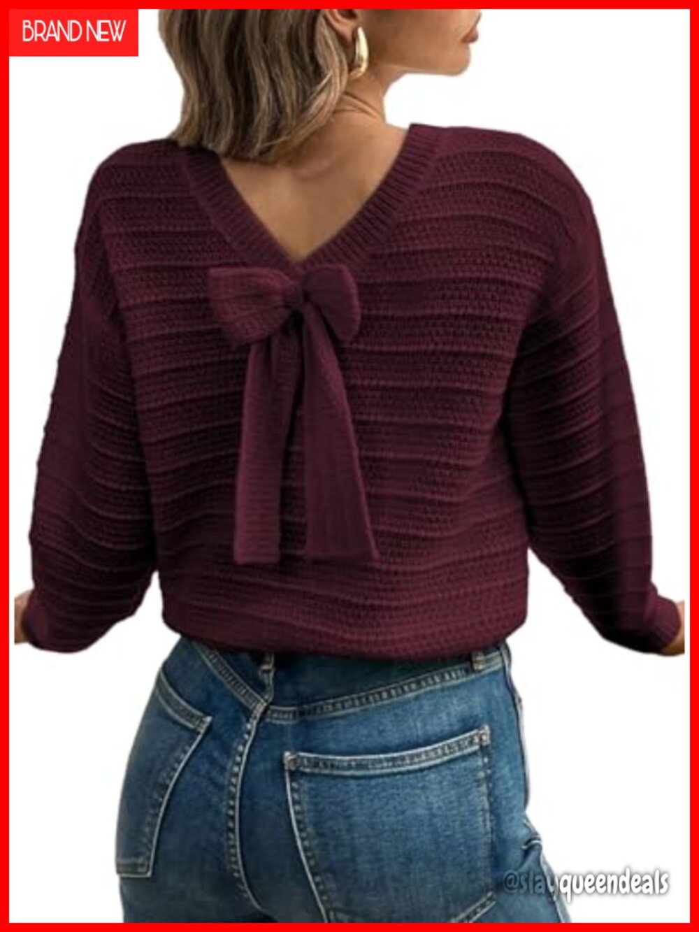 Womens Bow Sweater Pullover Knit Long Sleeve Crew Neck Fall Top